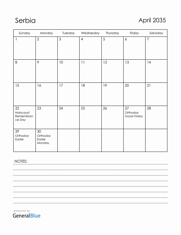 April 2035 Serbia Calendar with Holidays (Sunday Start)