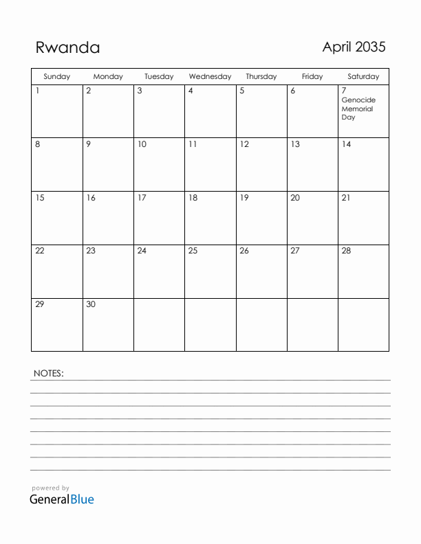 April 2035 Rwanda Calendar with Holidays (Sunday Start)