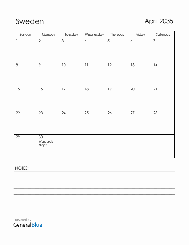 April 2035 Sweden Calendar with Holidays (Sunday Start)