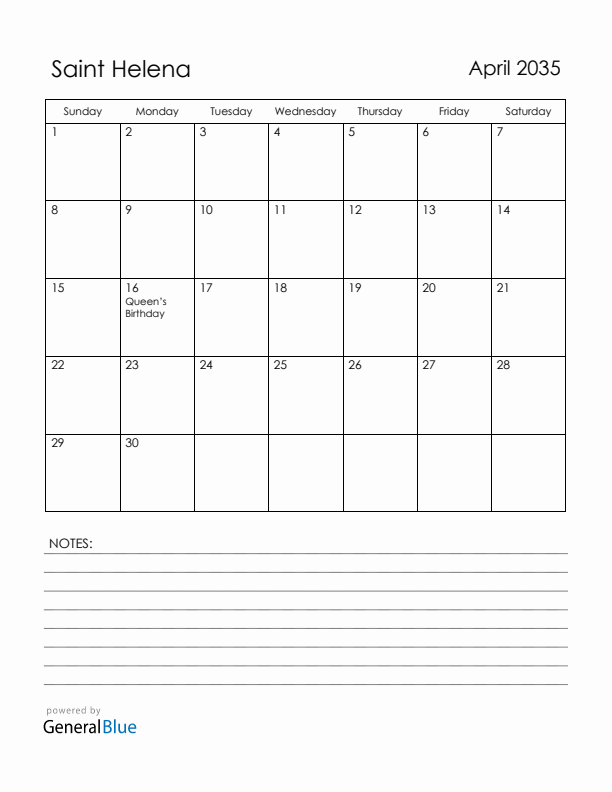 April 2035 Saint Helena Calendar with Holidays (Sunday Start)