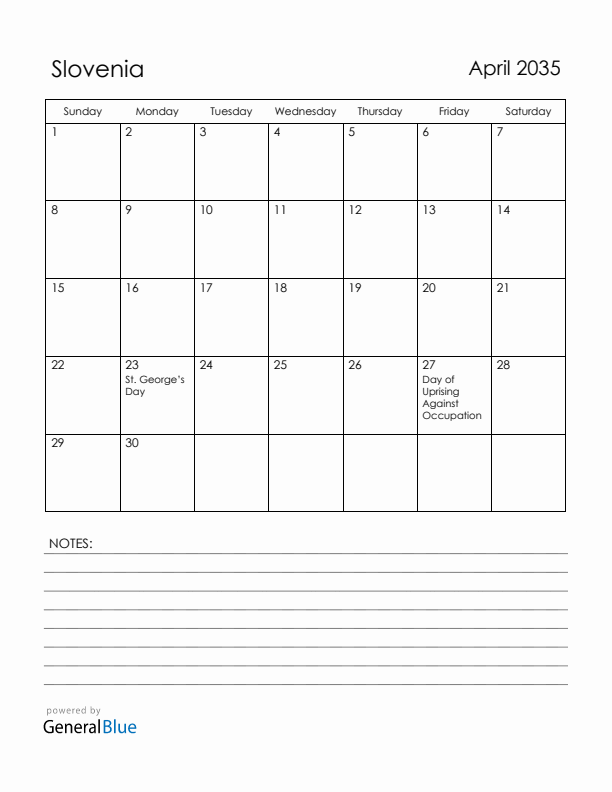 April 2035 Slovenia Calendar with Holidays (Sunday Start)