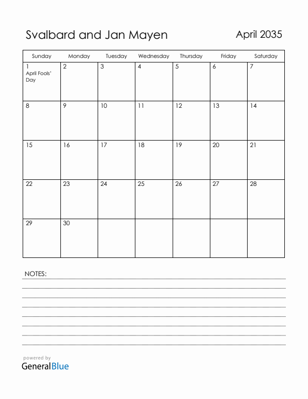 April 2035 Svalbard and Jan Mayen Calendar with Holidays (Sunday Start)