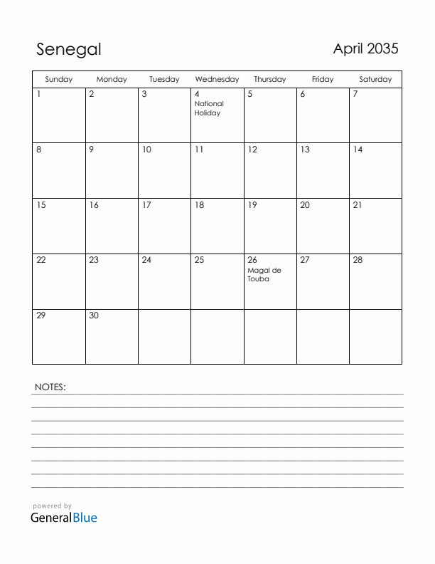April 2035 Senegal Calendar with Holidays (Sunday Start)