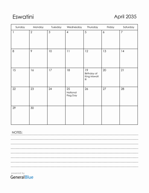 April 2035 Eswatini Calendar with Holidays (Sunday Start)