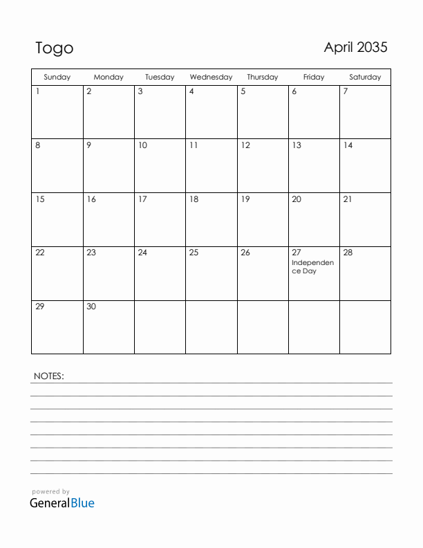 April 2035 Togo Calendar with Holidays (Sunday Start)
