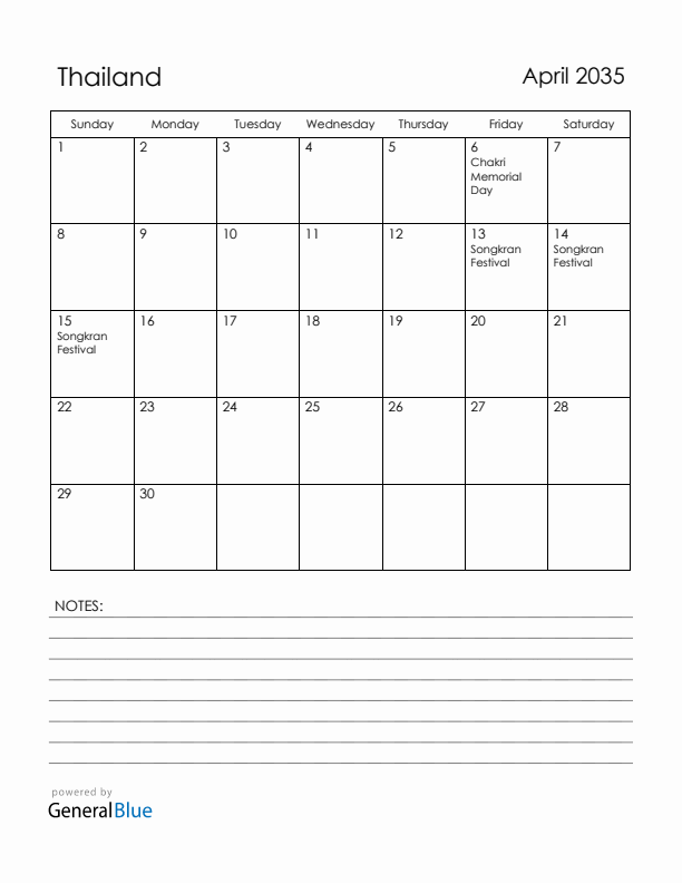 April 2035 Thailand Calendar with Holidays (Sunday Start)
