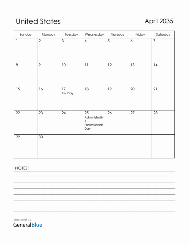 April 2035 United States Calendar with Holidays (Sunday Start)
