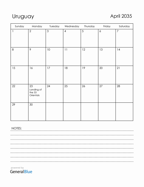 April 2035 Uruguay Calendar with Holidays (Sunday Start)