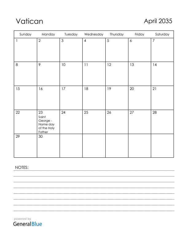 April 2035 Vatican Calendar with Holidays (Sunday Start)