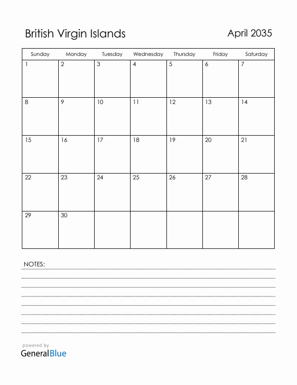 April 2035 British Virgin Islands Calendar with Holidays (Sunday Start)