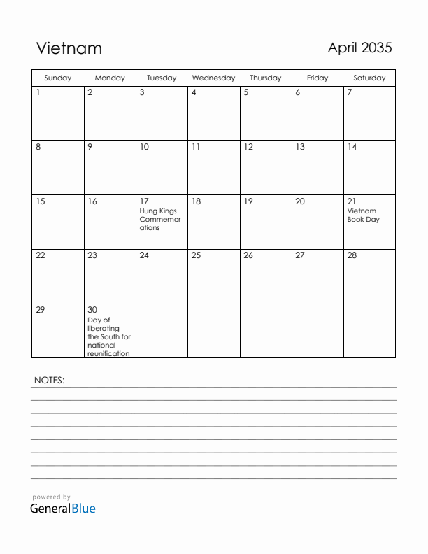 April 2035 Vietnam Calendar with Holidays (Sunday Start)