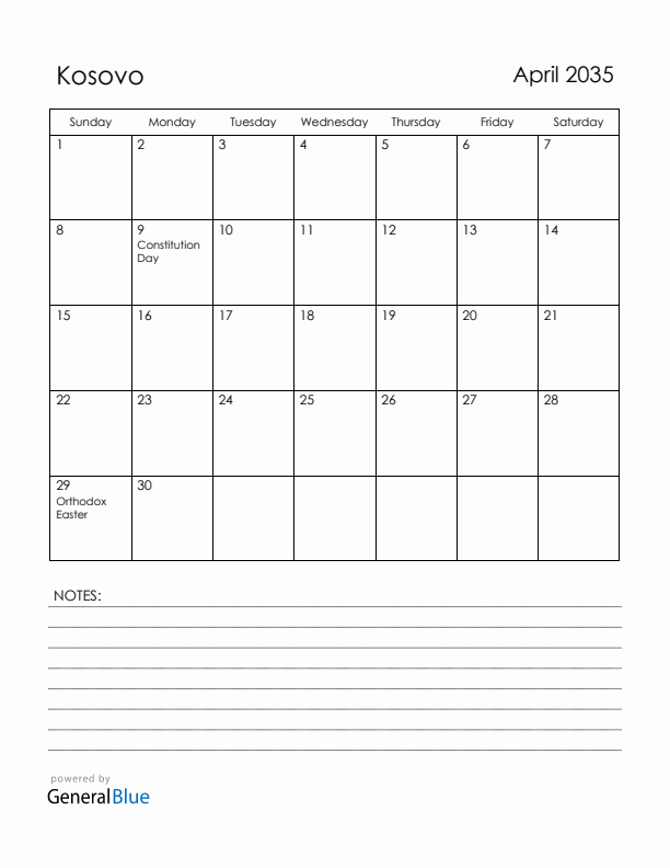 April 2035 Kosovo Calendar with Holidays (Sunday Start)