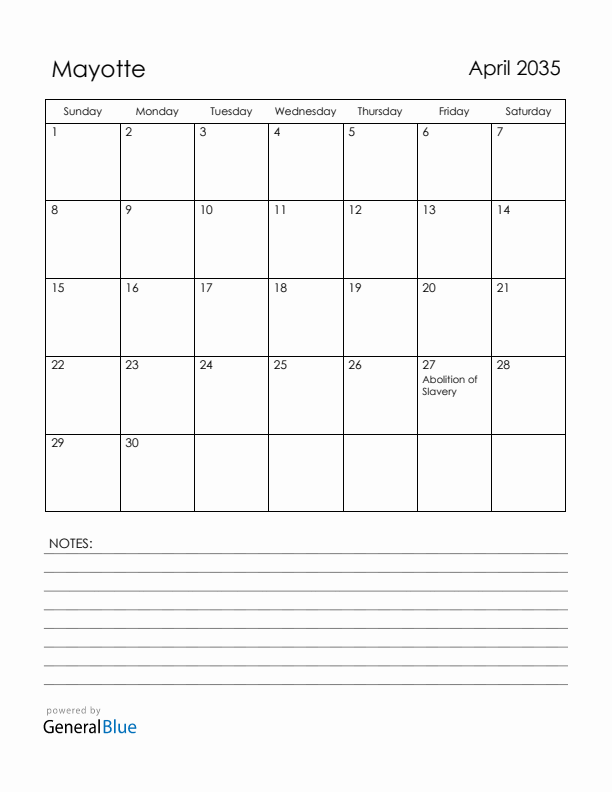 April 2035 Mayotte Calendar with Holidays (Sunday Start)