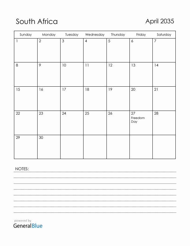 April 2035 South Africa Calendar with Holidays (Sunday Start)