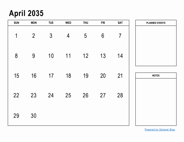 April 2035 Calendar Planner