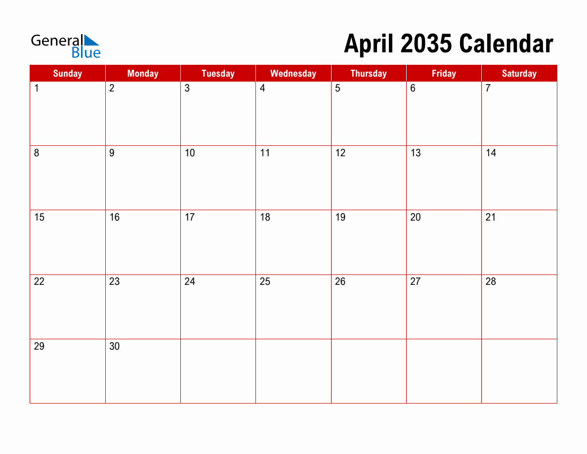 Basic Monthly Calendar - April 2035