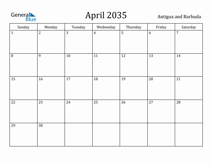 April 2035 Calendar Antigua and Barbuda