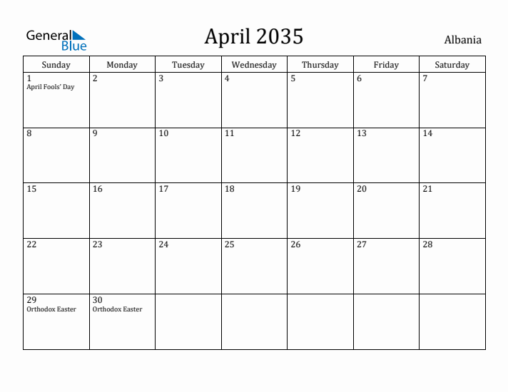 April 2035 Calendar Albania