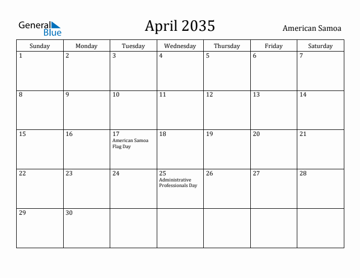 April 2035 Calendar American Samoa