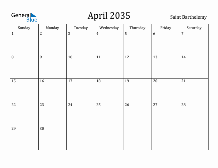 April 2035 Calendar Saint Barthelemy