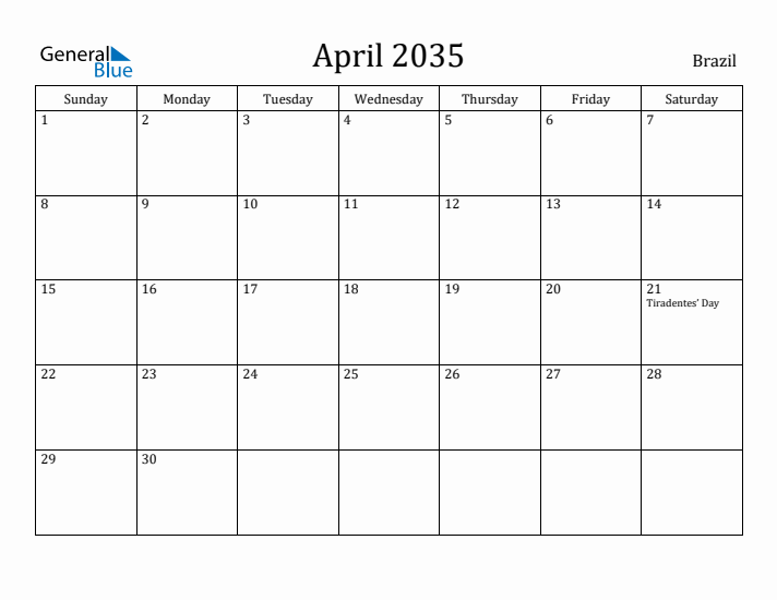 April 2035 Calendar Brazil