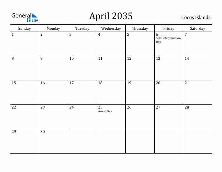 April 2035 Calendar Cocos Islands