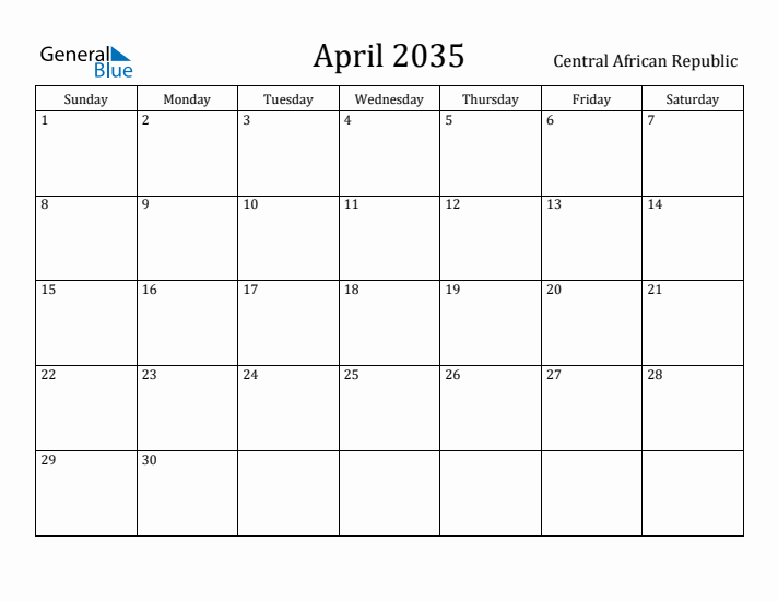 April 2035 Calendar Central African Republic
