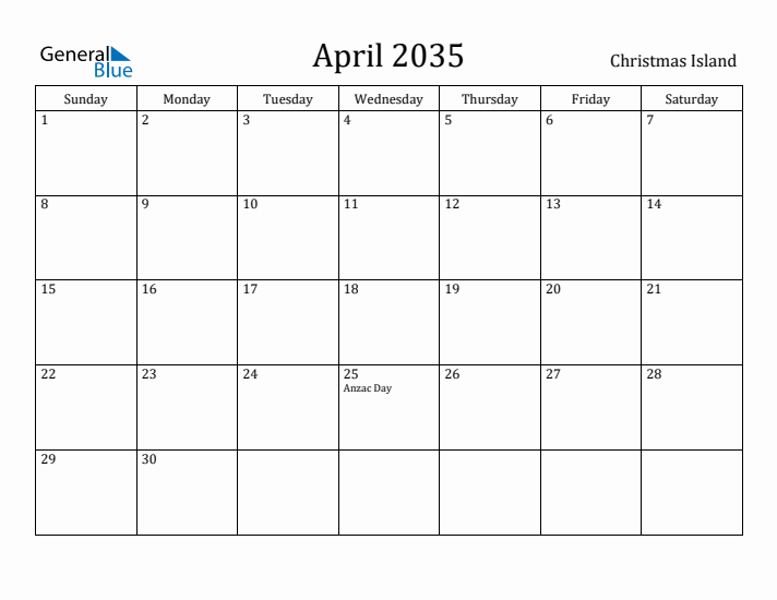 April 2035 Calendar Christmas Island