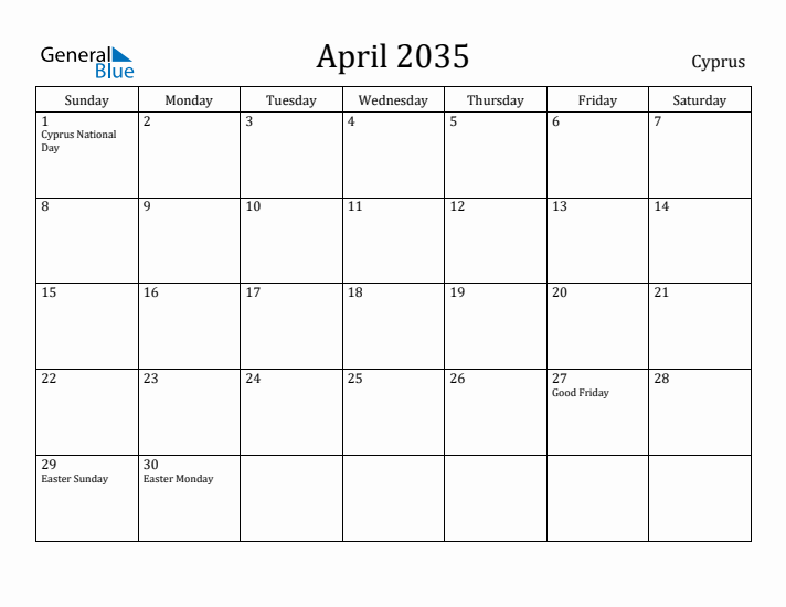 April 2035 Calendar Cyprus