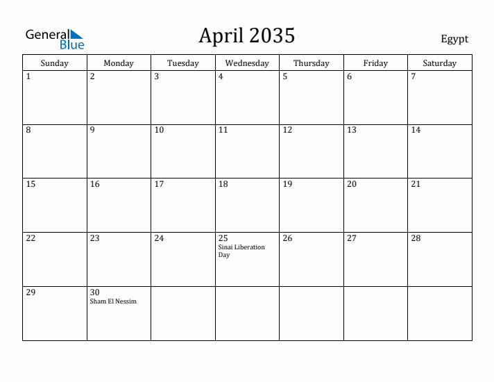 April 2035 Calendar Egypt