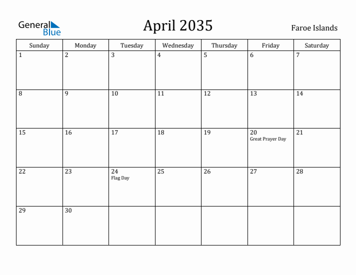 April 2035 Calendar Faroe Islands