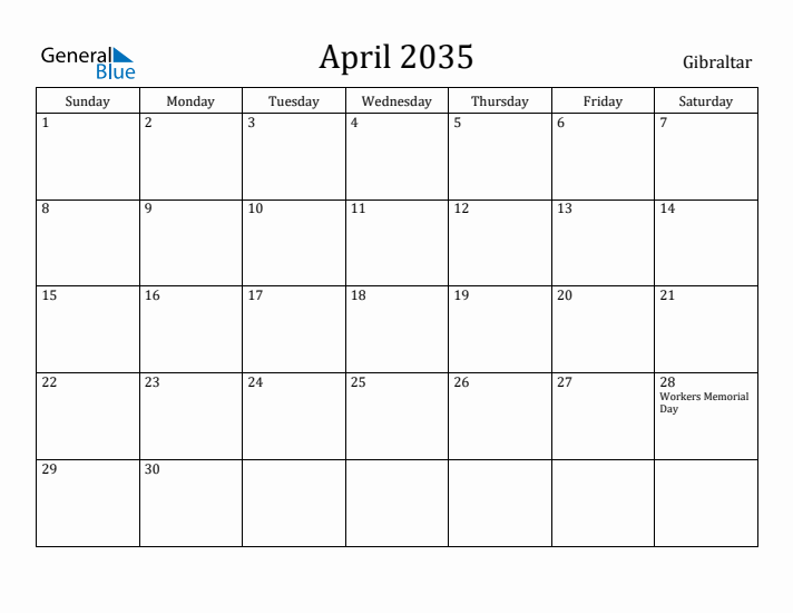 April 2035 Calendar Gibraltar