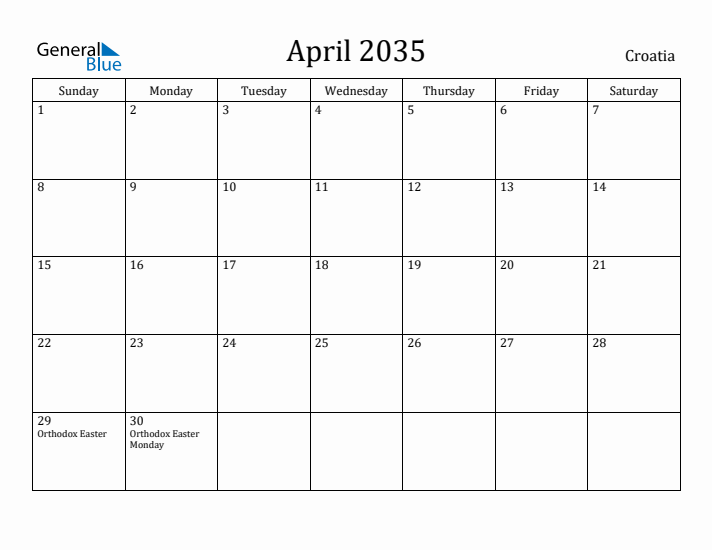 April 2035 Calendar Croatia