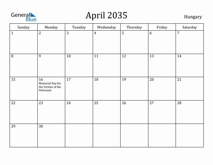 April 2035 Calendar Hungary