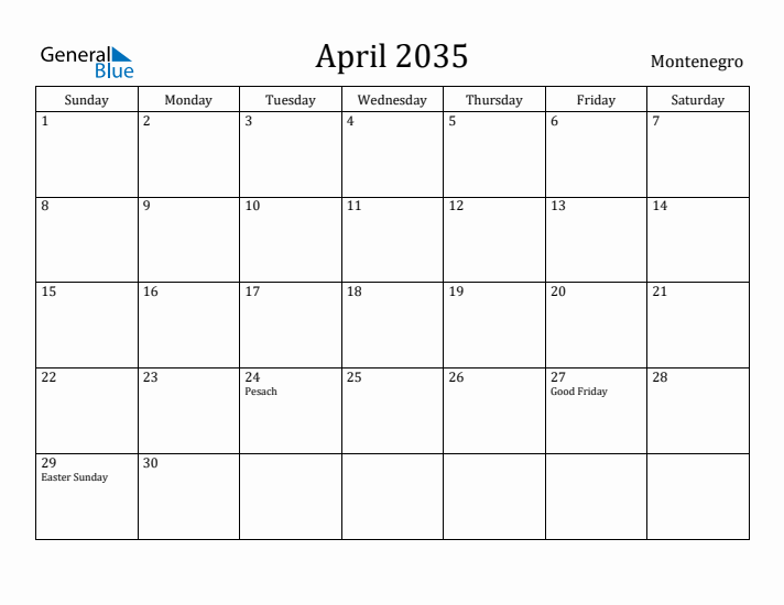 April 2035 Calendar Montenegro