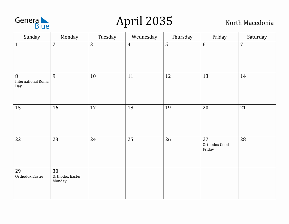 April 2035 Monthly Calendar with North Macedonia Holidays