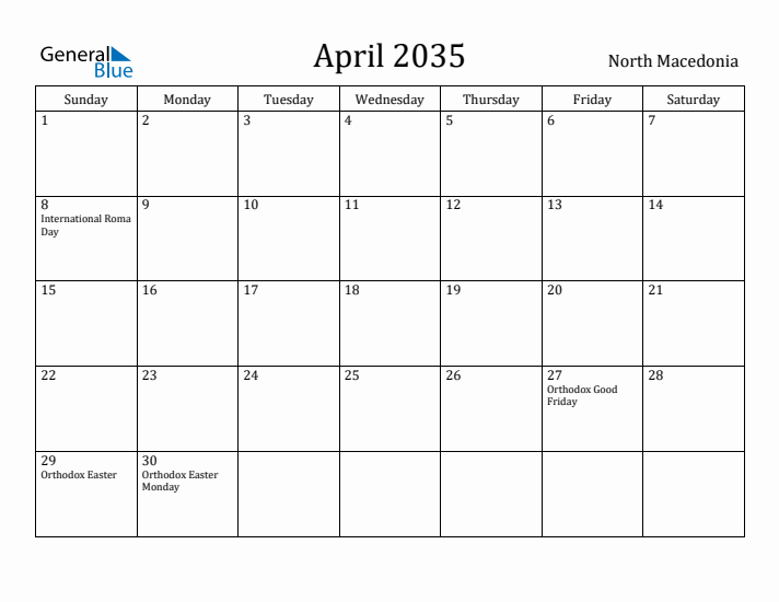 April 2035 Calendar North Macedonia