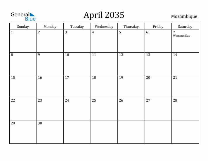 April 2035 Calendar Mozambique