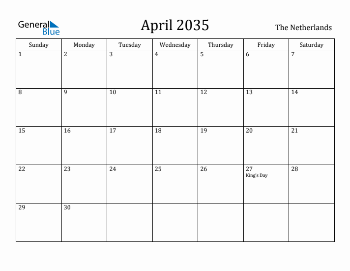 April 2035 Calendar The Netherlands