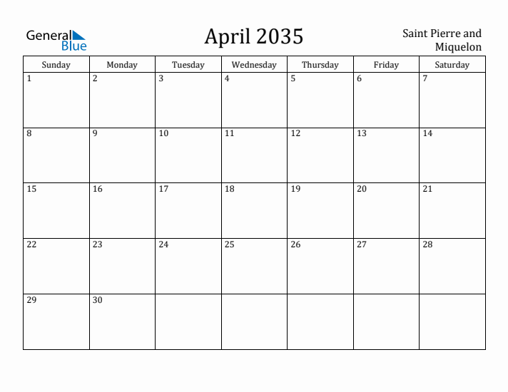 April 2035 Calendar Saint Pierre and Miquelon