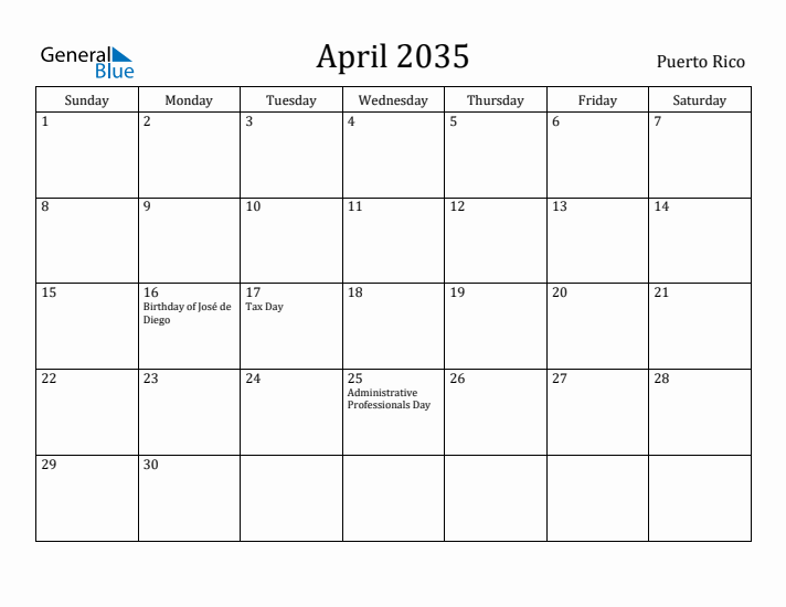 April 2035 Calendar Puerto Rico