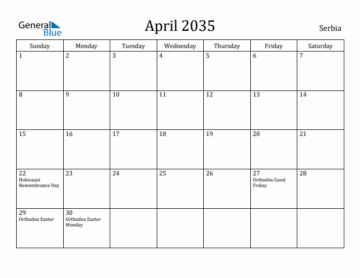 April 2035 Calendar Serbia