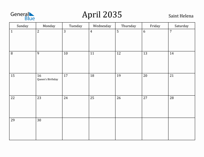 April 2035 Calendar Saint Helena