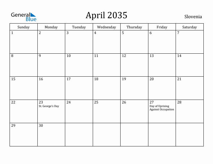 April 2035 Calendar Slovenia