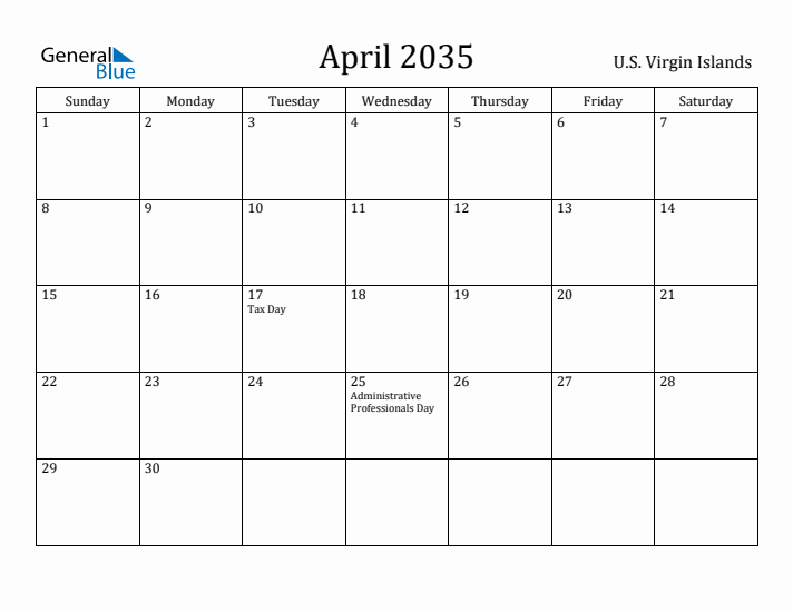 April 2035 Calendar U.S. Virgin Islands