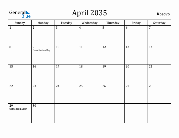 April 2035 Calendar Kosovo