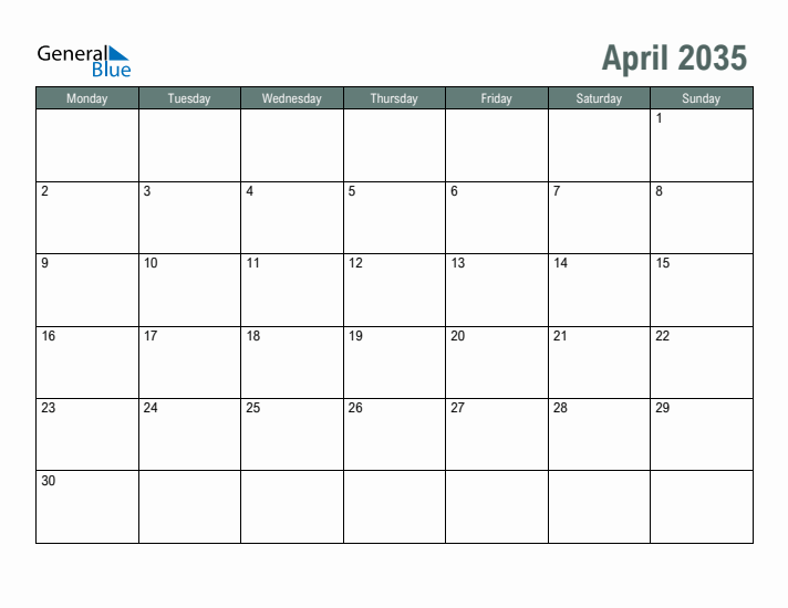Free Printable April 2035 Calendar