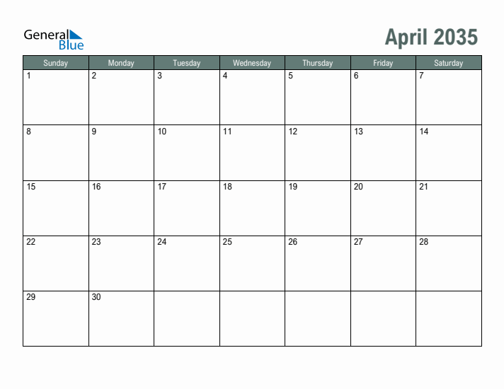 Free Printable April 2035 Calendar