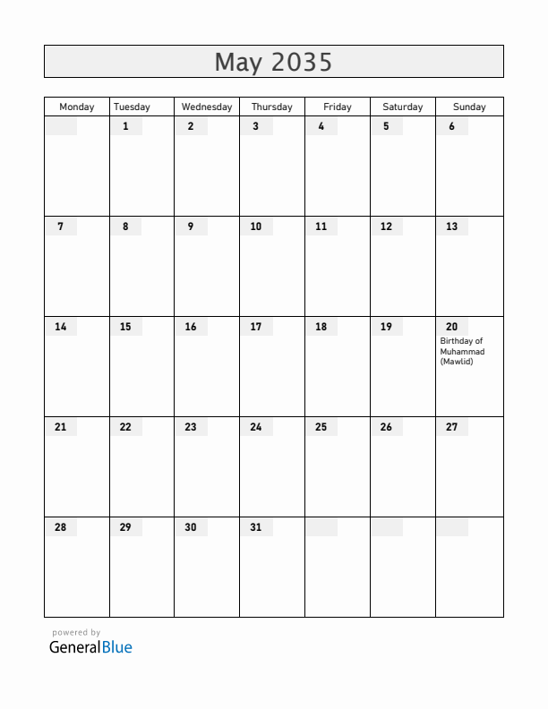 United Arab Emirates May 2035 Calendar with Holidays