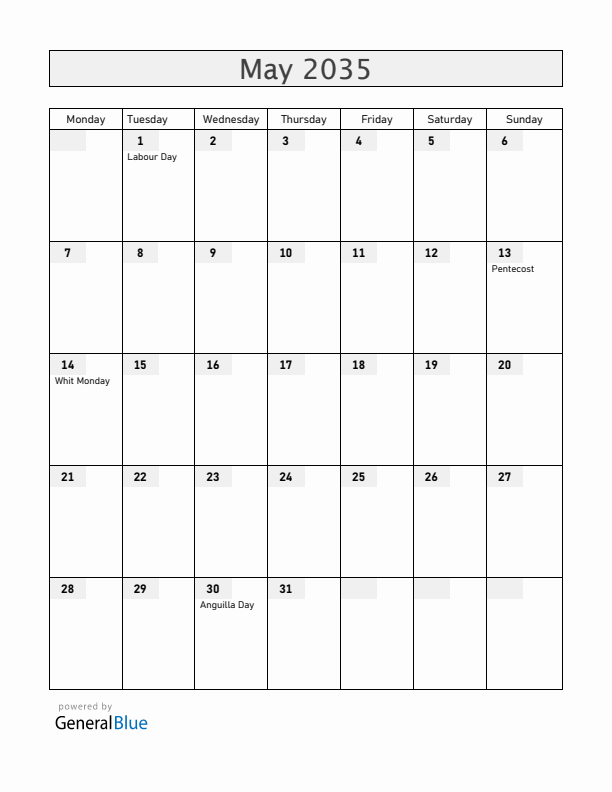 Anguilla May 2035 Calendar with Holidays